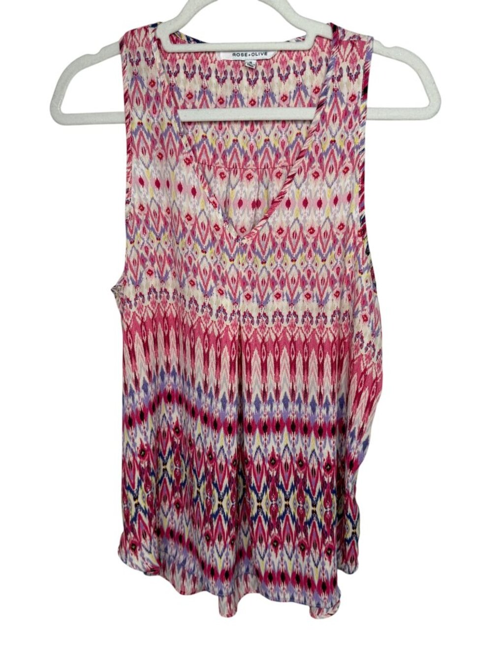 Rose + Olive Boho Sleeveless Blouse Pink Purple Ikat Top Medium